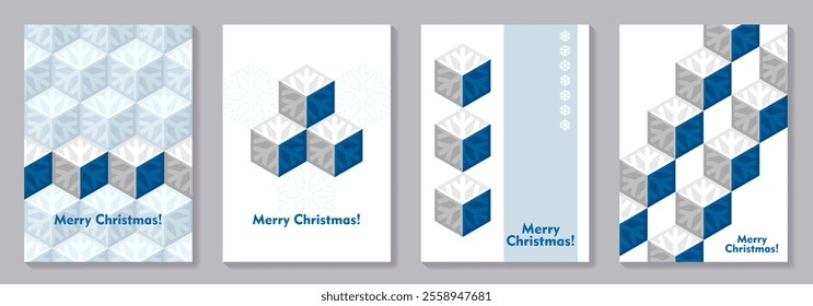 Winter set of cover design template with blue snowflakes and 3D pattern for cover, brochure, catalog, menu design, flyer, cards, social media, poster. Modern Christmas 3D geometric illustration. 