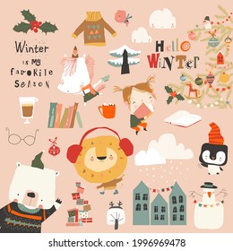 Winter set with Cute Animals, Girl and Holiday Elements
