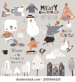 Winter set with Cute Animals and Holiday Elements