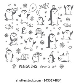 Winter set with cute cartoon penguins and snowflakes. Vector contour colorful image no fill.