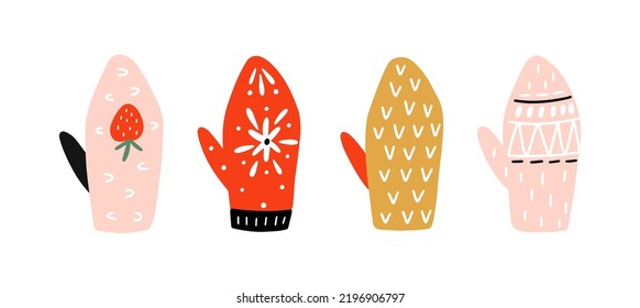 Winter set with cute colorful mittens. Collection hand drawn graphic elements. Ideal for cards, print, invitation, party decoration. Christmas accessory on a white background. Hand drawn illustration