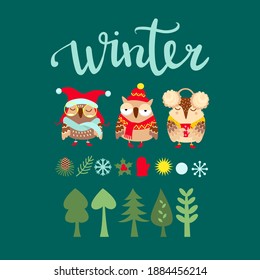 Winter set with cute owls, trees and other symbols. Colorful vector illustration, flat design