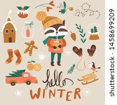 Winter set with cute racoon and christmas attributes in cartoon style