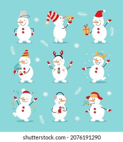 Winter set of cute snowmen. Cheerful snowmen in different costumes. Gift, bird, dance, fun, decoration of a tree branch. Vector flat illustration in cartoon style