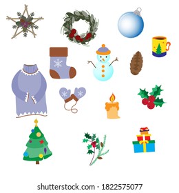 Winter set of decoration items, snowman and Christmas tree, star, glass ball and elegant wreath, gifts, sweater and mittens, poinsettia and much more, vector illustrationia