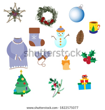 Winter set of decoration items, snowman and Christmas tree, star, glass ball and elegant wreath, gifts, sweater and mittens, poinsettia and much more, vector illustrationia