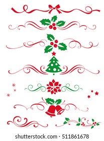 Winter set of decorative calligraphic elements, dividers and  new year ornaments for page decor. Vector christmas decorations. 