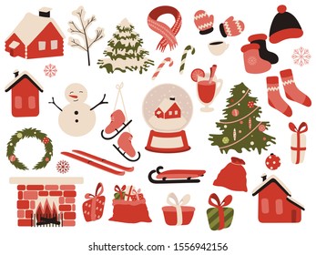 Winter set of design elements. Vector collection of Christmas objects in flat style. Сhristmas vector illustrations.