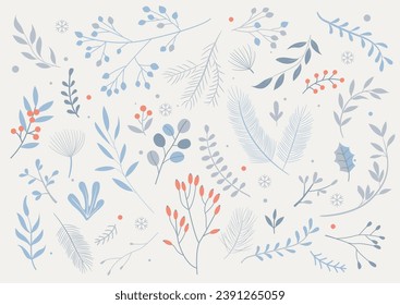 Winter set of different isolated hand drawn leaves with red berries.Christmas pine branch,fir,cedar twig,lingonberry,rosehip,eucalyptus,holly winter decor, christmas tree, leaves branches.Vector