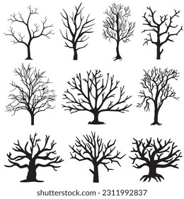 Winter set dry tree without leaves—silhouette Vector illustration.