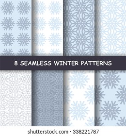 Winter set of eight seamless patterns with snowflakes.