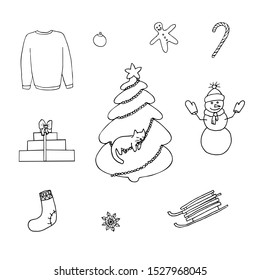 Winter set of elements - christmas tree, snowman, sleigh, sock, presents, gignerbread man, sweater, sweet cane, snow flake. Black outline on white background. Picture can be used in christmas and new