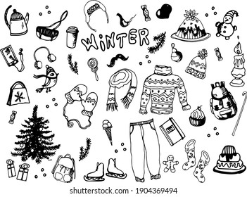Winter set of elements drawn by hand by a liner. Warm clothes, sweater, pants, hat, scarf, skates, socks, Christmas tree, toys, snowman, sweets, mittens, Christmas tree, snowman, snowflake, candle