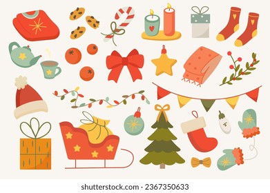 Winter set in flat cartoon design. Featuring sticker-style winter elements, they're the perfect addition to holiday-themed projects. Vector illustration.