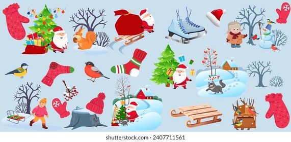 Winter set in flat cartoon design. Featuring sticker-style winter elements, they're the perfect addition to holiday-themed projects. Vector illustration.