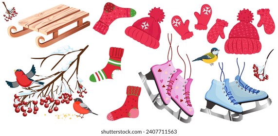 Winter set in flat cartoon design. Featuring sticker-style winter elements, they're the perfect addition to holiday-themed projects. Vector illustration.