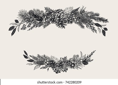 Winter set. Floral christmas compositions. Evergreen, cone, succulents, flowers, leaves, berries. Botanical vector vintage illustration. Black and white