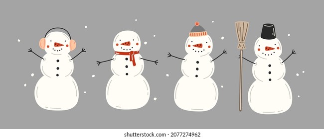 Winter set with four funny snowmans. Vector illustration