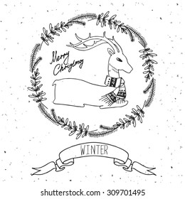 Winter set and frame with ribbon image of deer, Merry Christmas text, vector illustration.