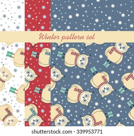 Winter set of funny seamless pattern with cute owls and snowflakes in white, blue and christmas colors. Cartoon winter background.