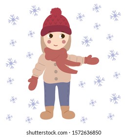 Winter set. Girl in warm clothes.Red hat, mittens and scarf. Child and snowflakes on background.Cartoon hand drawn illustration.