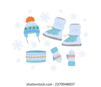 Winter set for girls. Warm wool knitted beanie with pompom ties, embroidered pattern, mittens, scarf, high boots with fleece lining. Cute vector illustration on white background in flat style.