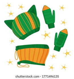 Invierno con sombrero verde y amarillo, mitones, bufanda y estrellas amarillas. Decoración bonita de Navidad, ropa. Dibujo plano de dibujos animados aislado sobre fondo blanco.