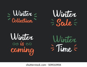 Winter set hand drawn brush lettering. Lettering for your designs: posters, invitations, cards, etc. Vector illustration.