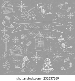 Winter set with hand drawn doodle bird, mitten, sock, new year tree, cone, lollipop, bell, bird house and snowflake on grunge background in grey and white for a christmas background