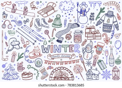 Winter set of hand drawn doodles with colorful lettering