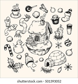 Winter set. Hand drawn winter elements. Vector.