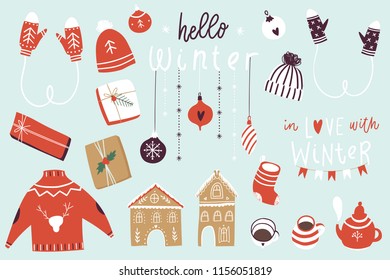 Winter set, hand drawn illustration. Vector illustration.