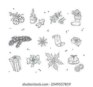 Winter Set of Hand Drawn Outline Christmas and New Year Elements. Christmas Decorations, Gifts, Treats. Black and White Vector illustration