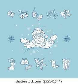 Winter Set of Hand Drawn Outline Christmas and New Year Elements. Happy Santa Claus and Christmas Decorations, Gifts, Treats. Vector illustration