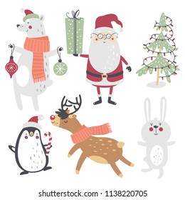 Winter set, hand drawn style. Santa Claus, bear, penguin, deer, bunny and Christmas tree. Vector illustration.