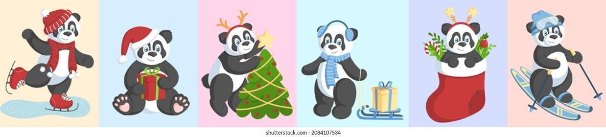 Winter set, hand drawn style. Winter fun of cute pandas. Skiing, sledding, ice skating, Christmas tree decoration, gifts.