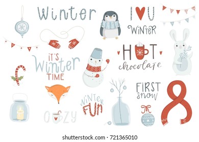 Winter set, hand drawn style - lettering, animals and other elements. Vector Eps10 illustration.