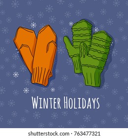 Winter set with handdrawn mittens in bright colors. Vector sketch.