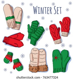 Winter set with handdrawn mittens in bright colors. Vector sketch.