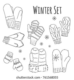 Winter set with handdrawn mittens in lines. Vector sketch.