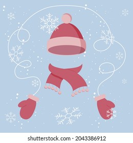 Winter. A set of hat, scarf and mittens in pink. Vector illustration.