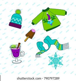 Winter set. Hat, sweater, scarf, ice cream and hot drink. Children vector illustration.