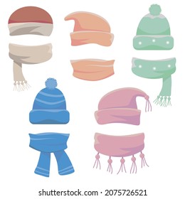 Winter set of hats and scarves for boys and girls in cold weather. Stylish hats and scarves. Clothes for winter and autumn. Blue, red, brown, purple, brown and orange hats and scarves