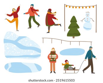 Conjunto invernal con gente de patinaje sobre hielo y Ilustración vectorial de Elementos paisajísticos. Hombres y mujeres felices que patinan, niño en trineo, muchacha con las cajas de regalo, pista de hielo, árbol. Navidades Holiday Scene Creator 