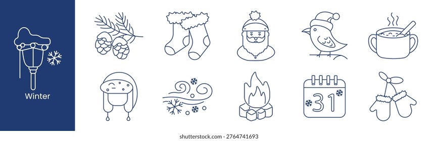 Winter set icon. Collection with street lamp snow, pine cones branch, socks, santa head, bird hat, hot drink, earflap hat, wind snowflakes, campfire, calendar thirty one, mittens.