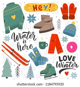 Winter set of illustration and hand lettering phrase for print, sticker, decor.  Illustrations of sport equipment and clothes.