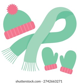 Winter set with knitted hat scarf and mittens flat icons isolated vector illustration on white