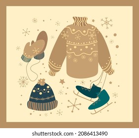 Winter Set of knitted Sweater, Skates and Gloves.Warm Beige Brown Woolen Hat,Sweater with Snowflakes Design.Christmas Vector illustration.Flat design Shop advertising web concept cartoon illustration