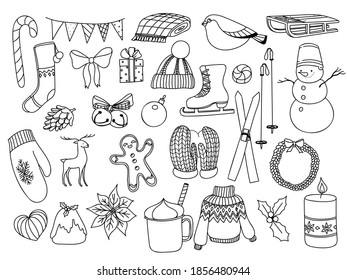  
winter set line doodles on the white background