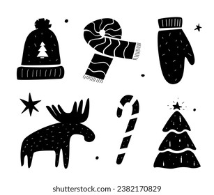 Winter set with minimalistic illustration of mittens, moose, Christmas tree